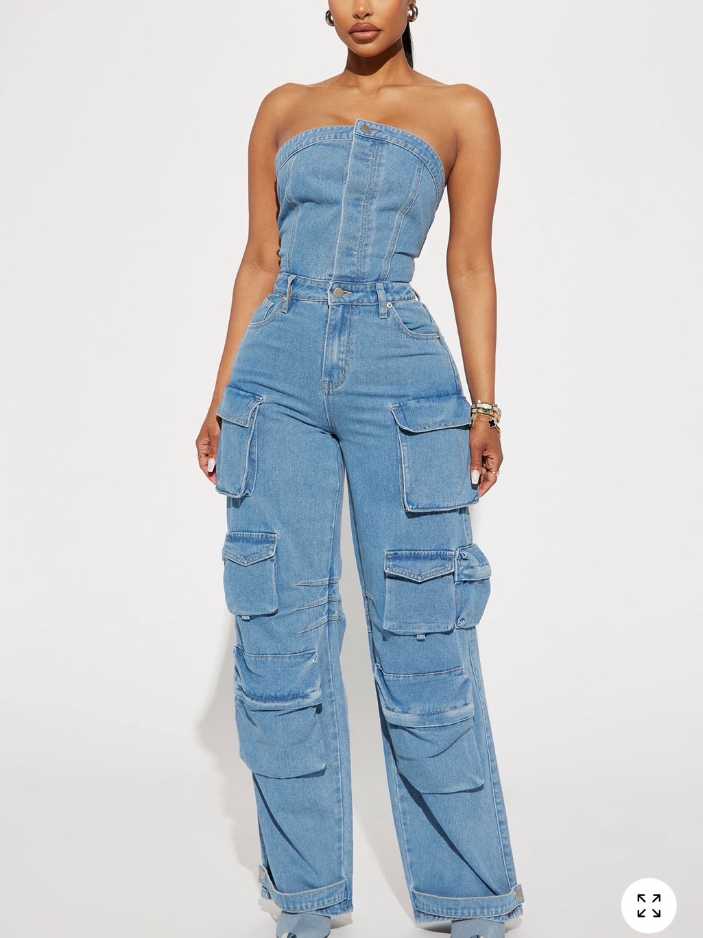 Strapless Light Blue Cargo Denim Jumpsuit Jeans